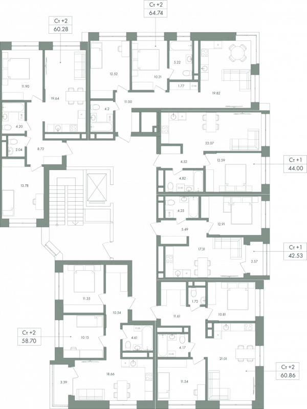 2-комнатная №163, 60.86 м² изображение этажа принт